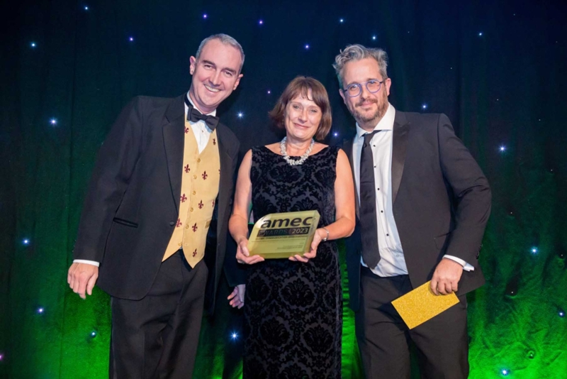 Catherine Griffin accepting the award at the 2023 AMEC Awards in London